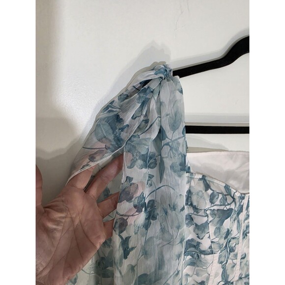 Minuet Blue White Floral Chiffon Maxi Dress Square Neck Sheer 3/4 Sleeve Size L - Picture 2 of 6